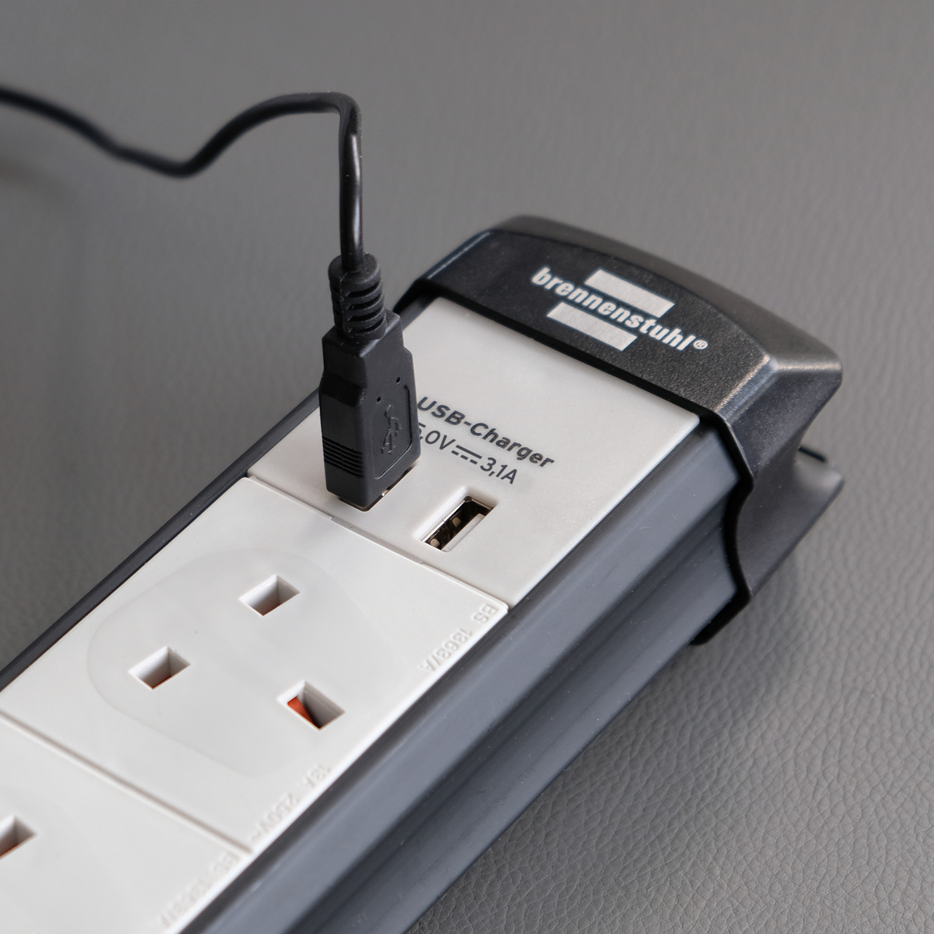 Premium Line 60.000A Extension Lead With Surge Protection with USB Charger 4 way black light grey 3m H05VV F 3G1.25 GB brennenstuhl